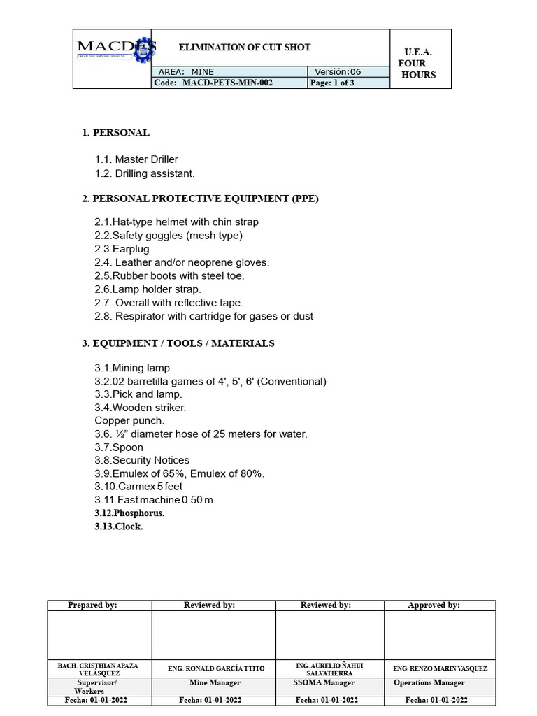 Cut Shot Elimination Procedure in Mining | PDF | Personal Protective ...