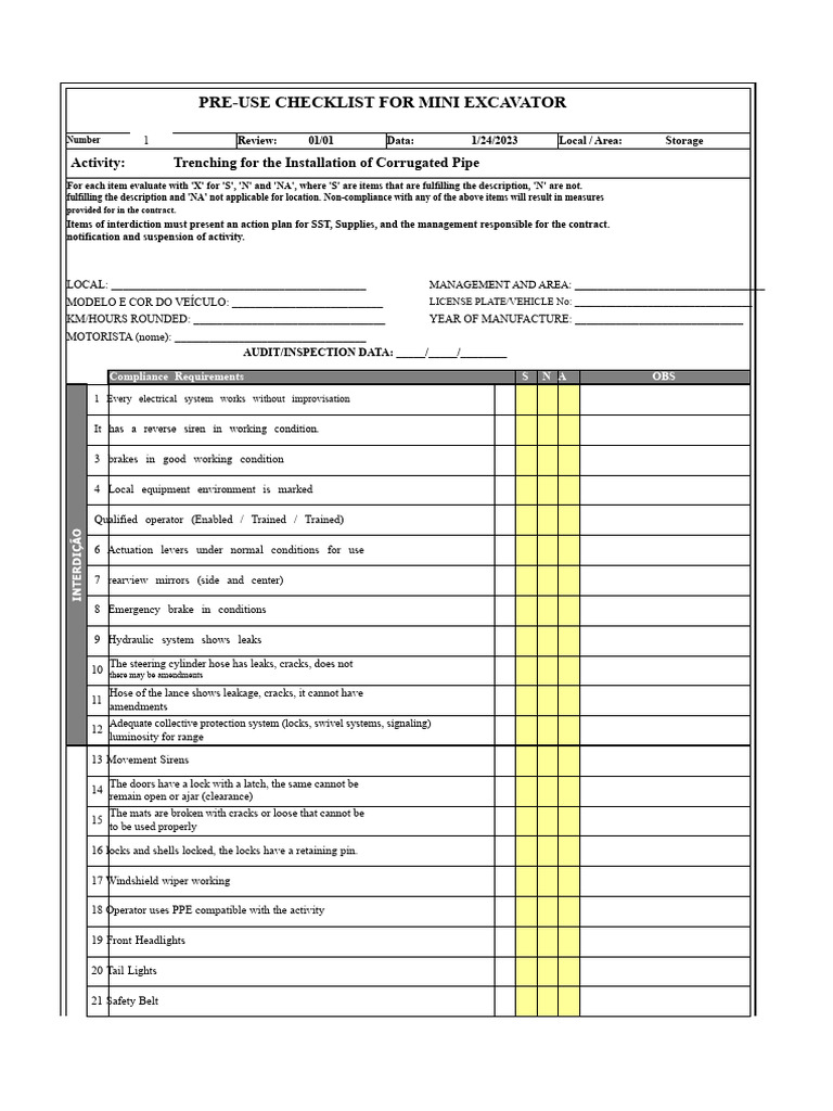 Mini Excavator Pre-Use Checklist Guide | PDF | Automotive Technologies ...
