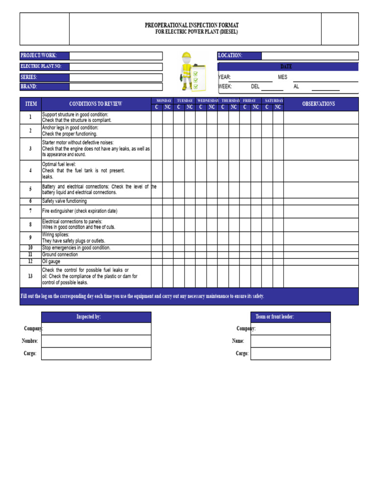 Preoperational Inspection Checklist for Diesel Power Plants | PDF ...