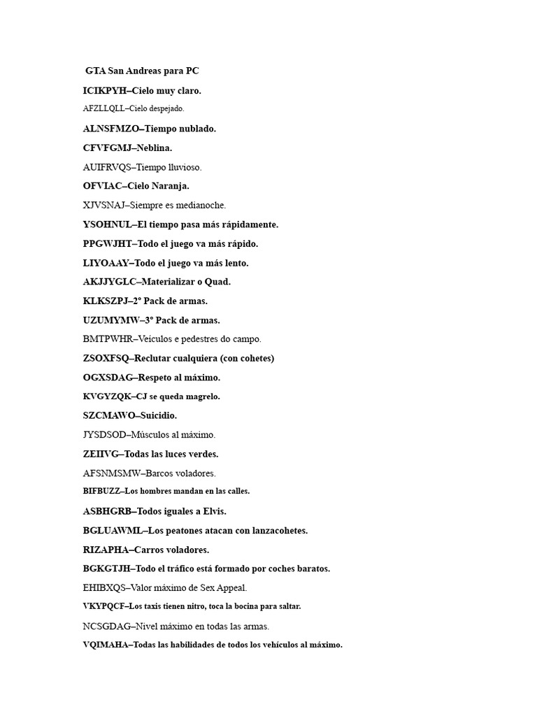 Todos los códigos del GTA San Andreas | PDF