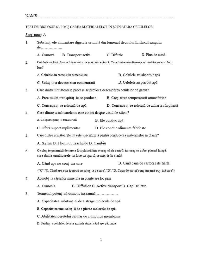 FIZIOLOGIA CELULARĂ - Întrebări | PDF