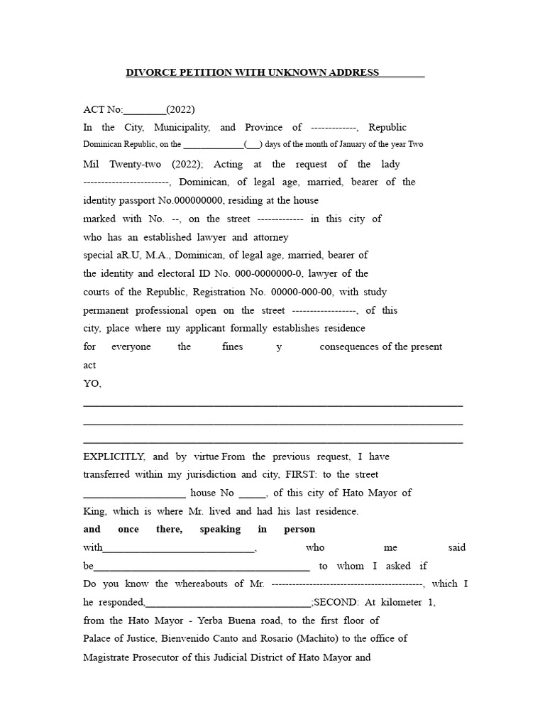 Divorce Petition With Unknown Address | PDF | Divorce | Common Law