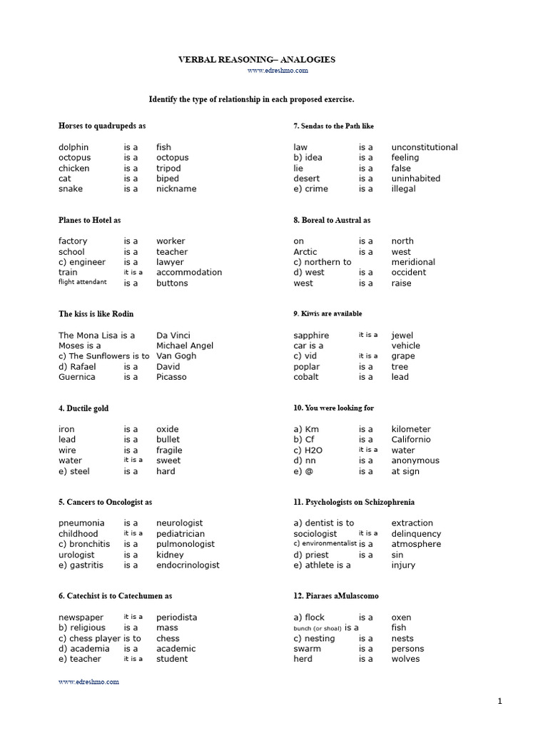 Verbal Reasoning Analogy Exercises | PDF