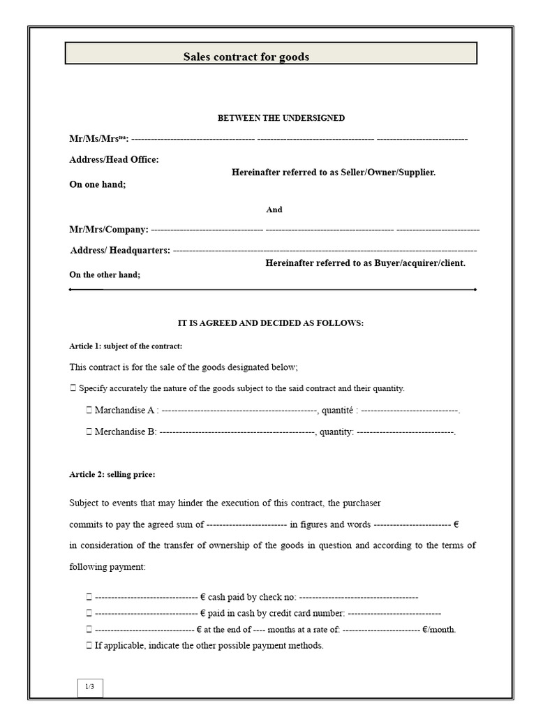 Sales Contract for Goods Agreement | PDF | Sales | Payments