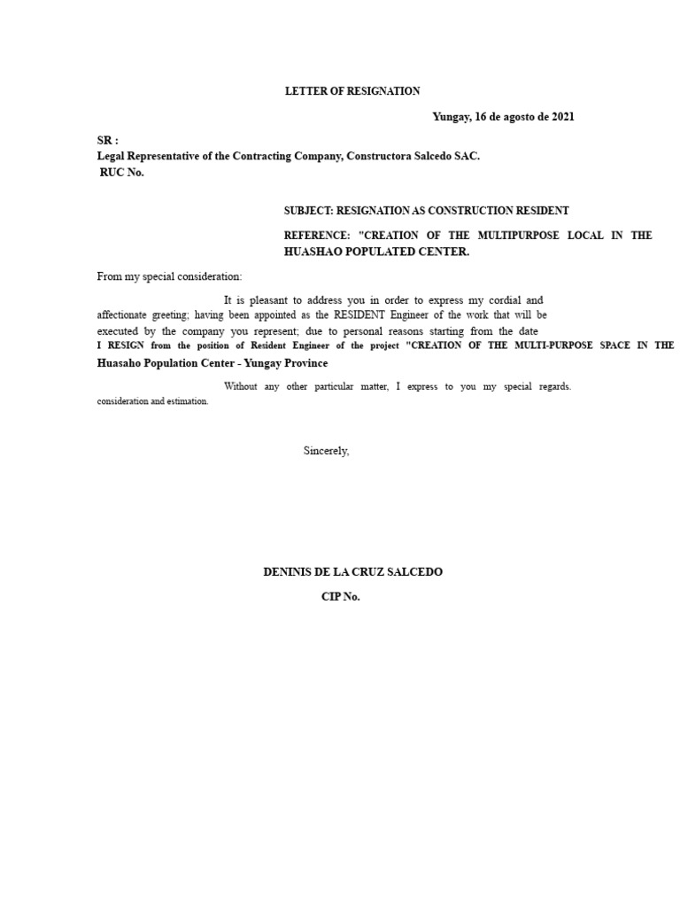 RESIGNATION LETTER Resident | PDF