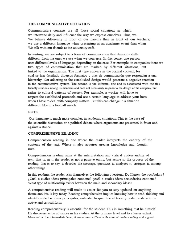 THE COMMUNICATIVE SITUATION AND READING | PDF | Reading Comprehension ...