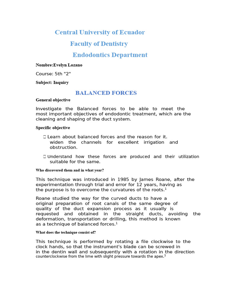 Balanced Forces in Endodontics Explained | PDF