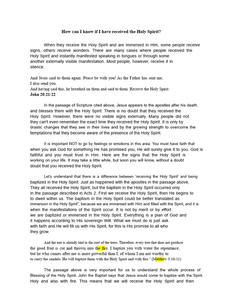 Signs of Receiving the Holy Spirit | PDF | Baptism | Prayer