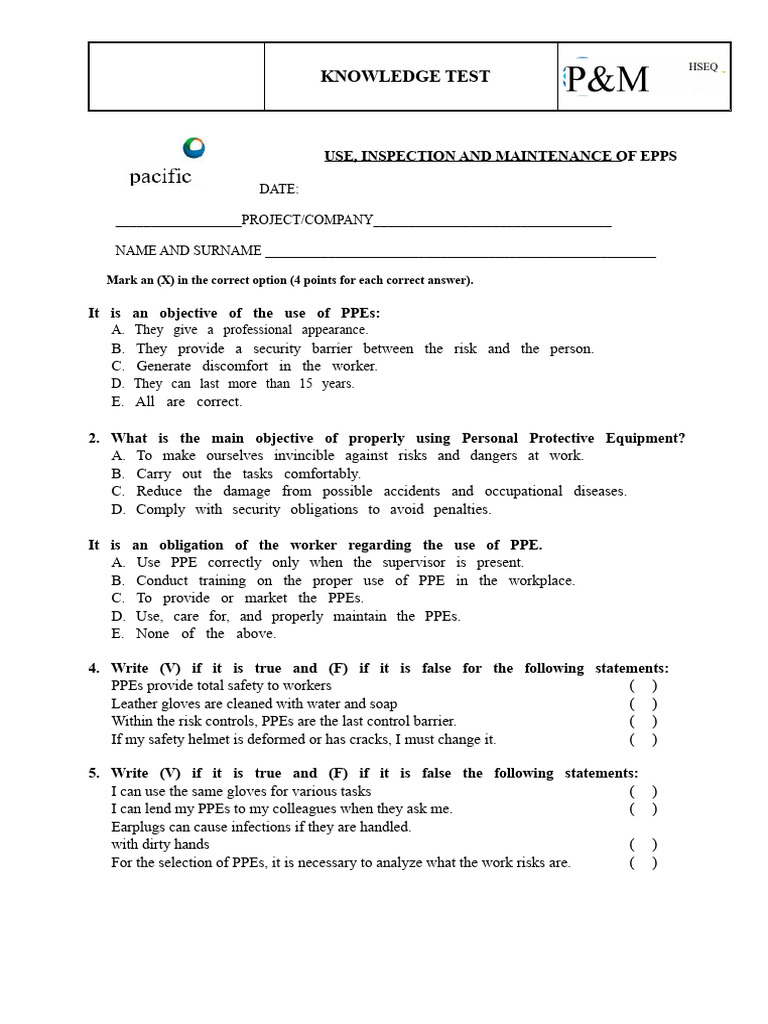 PPE Use and Maintenance Knowledge Test | PDF