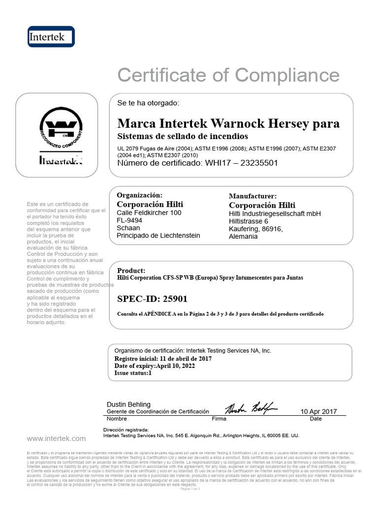 Certificado de Conformidad Hilti CFS-SP WB | PDF