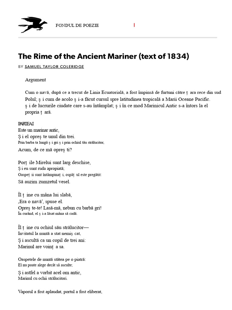 Rima Marinarului Antic (Text Din 1834) de - Fundația Poeziei | PDF