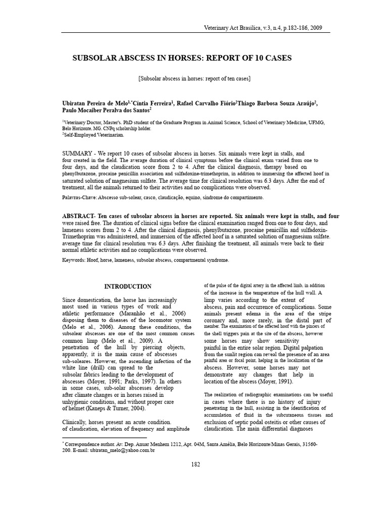 Subsolar Abscess in Horses: 10 Cases Report | PDF