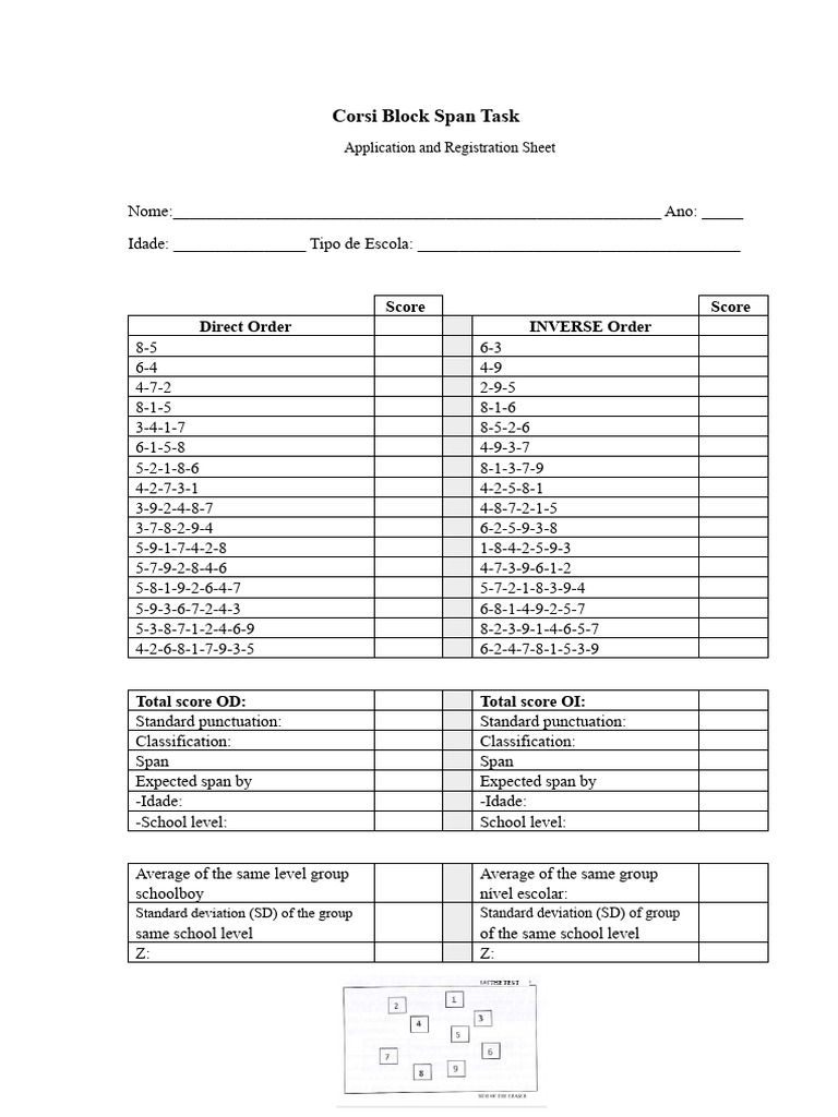 Task Span Corsi Cubes Sheet Application and Record | PDF