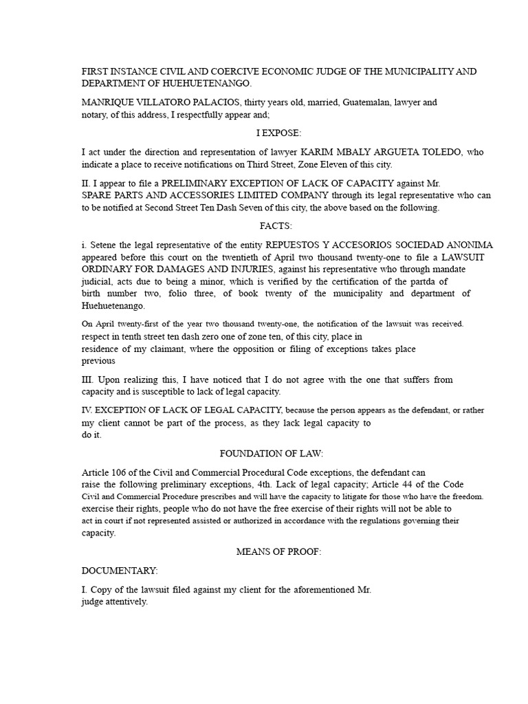 Legal Capacity Exception Filing in Huehuetenango | PDF | Lawsuit ...