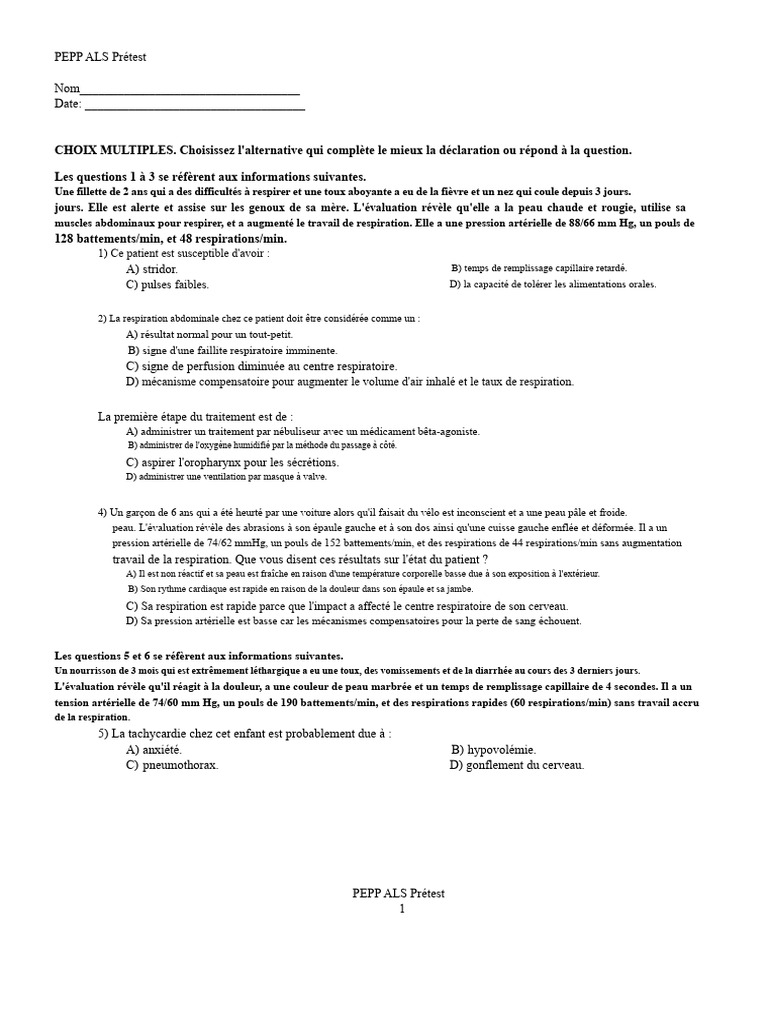 Prétest PEPP ALS : Évaluation pédiatrique | PDF | Respiration ...
