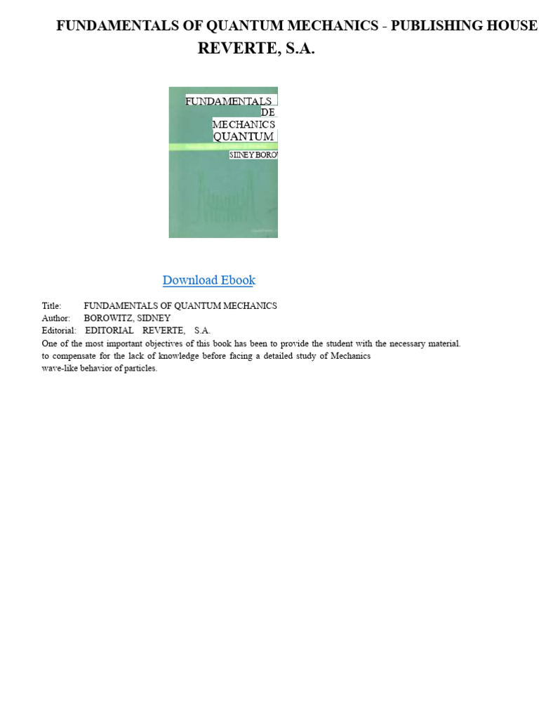 Fundamentals of Quantum Mechanics - Editorial Reverte, s.a. | PDF