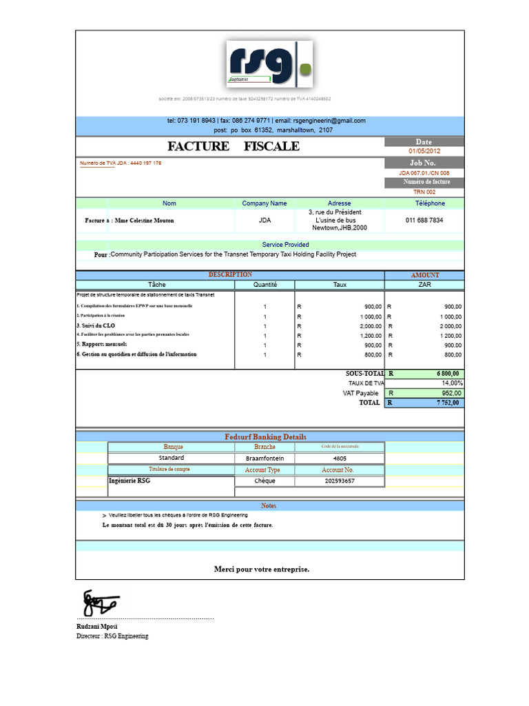 Facture RSG Engineering - 01/05/2012 | PDF | Économie | Argent