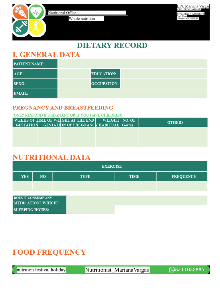 Comprehensive Dietary Record Template | PDF