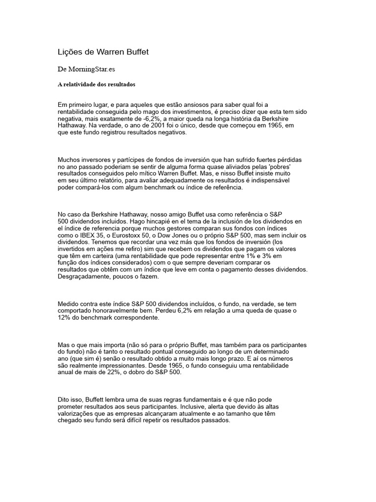 Lições de Investimento de Warren Buffett | PDF | Warren Buffett | Economia