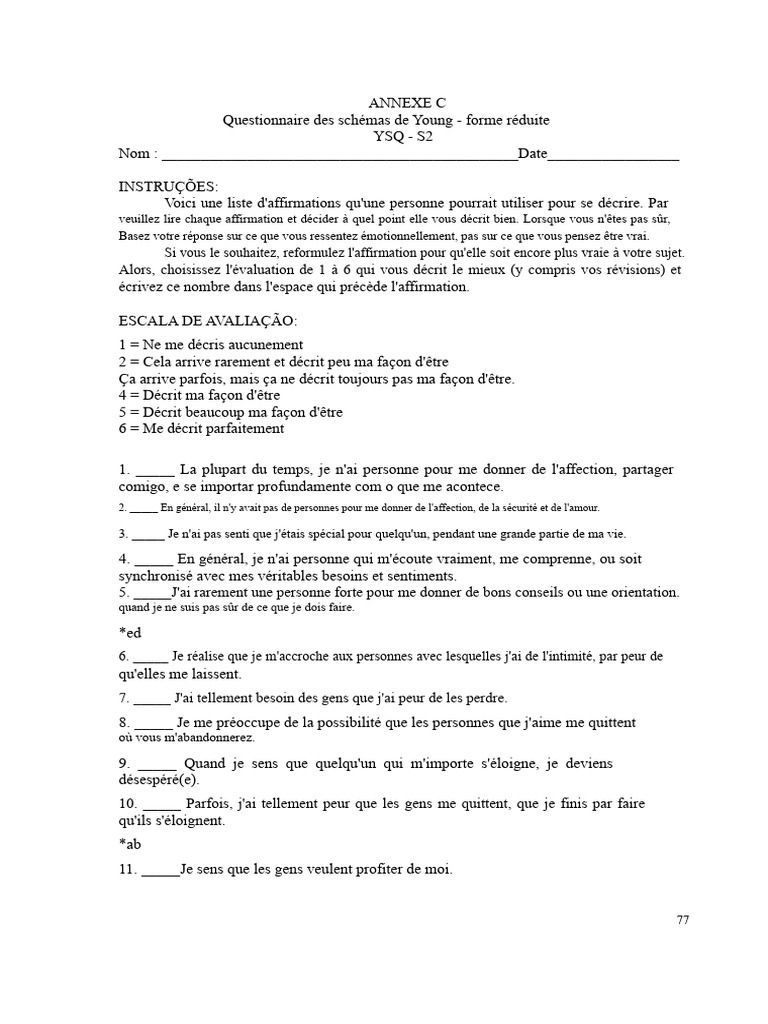 Questionnaire des schémas de Young - YSQ S2 | PDF