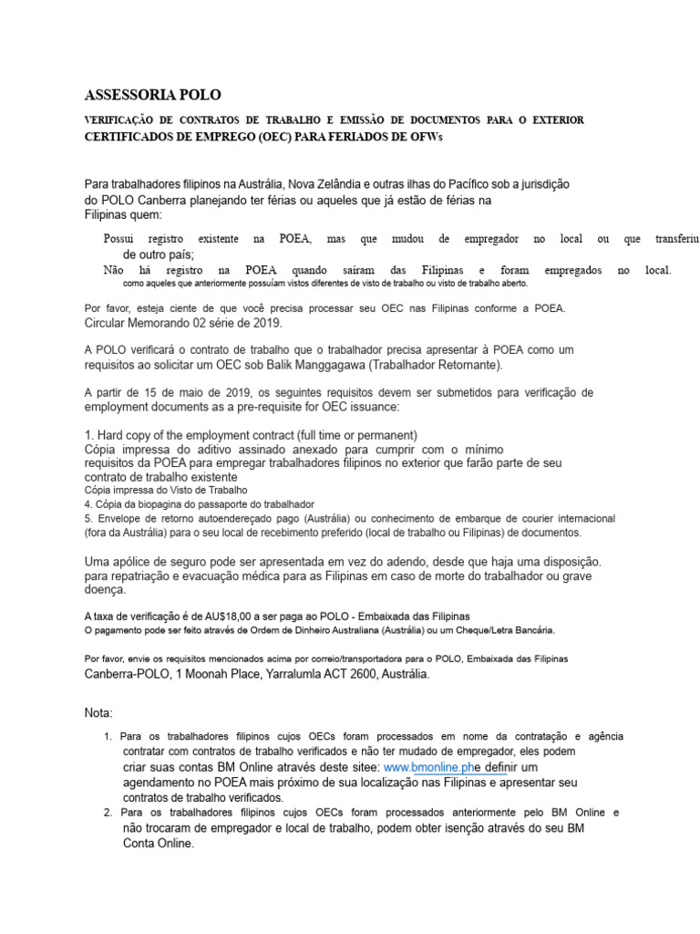 Verificação de Contratos e OEC para OFWs | PDF | Austrália