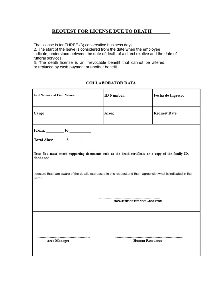Death Leave Request Form Template | PDF