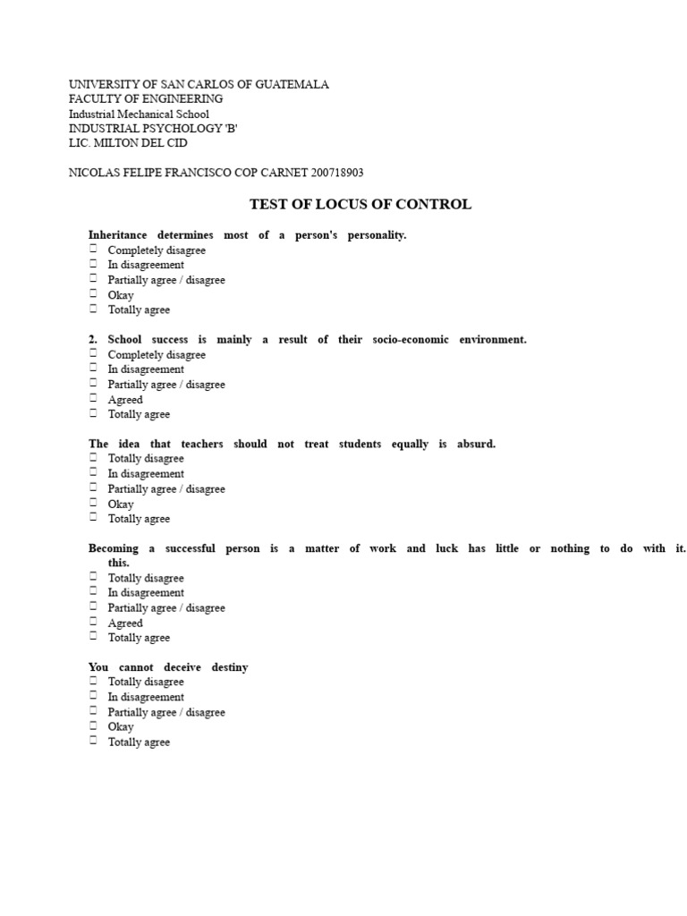 Locus of Control Assessment Test | PDF | Psychology | Psychological ...