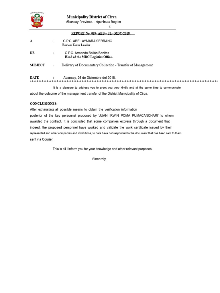 Management Transfer Report - Municipality of Circa | PDF