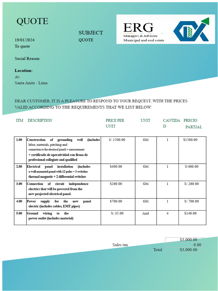 Electrical Installation Quotation Shoe Sales Santa Anita | PDF