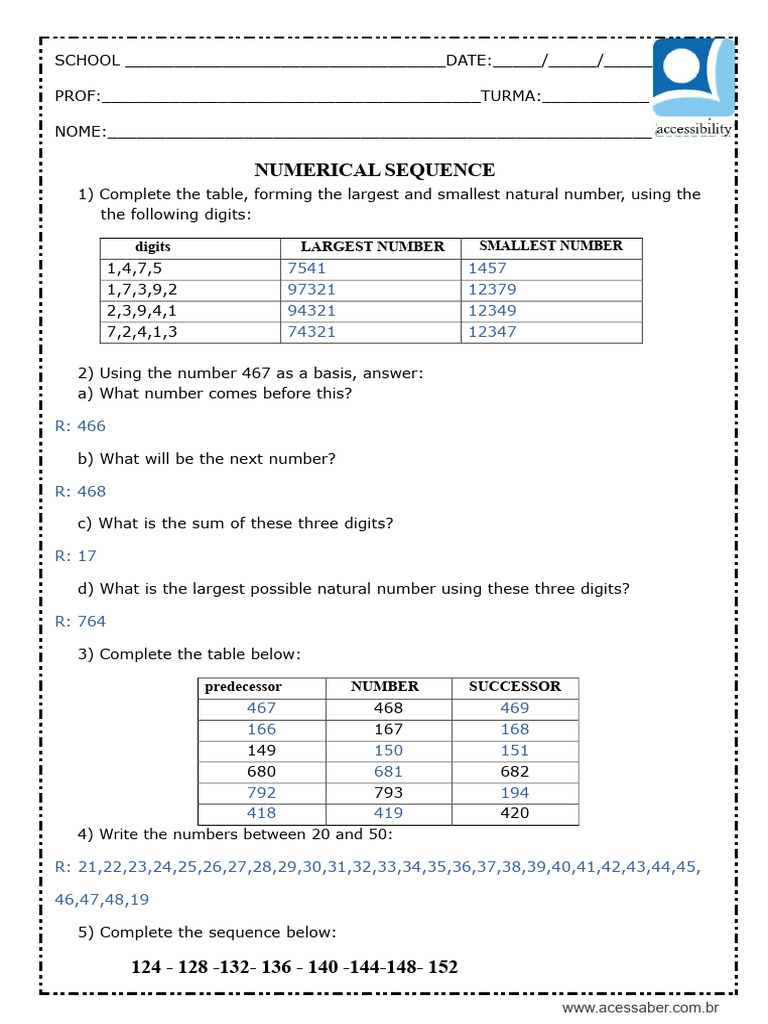 Natural Number Exercises for Students | PDF