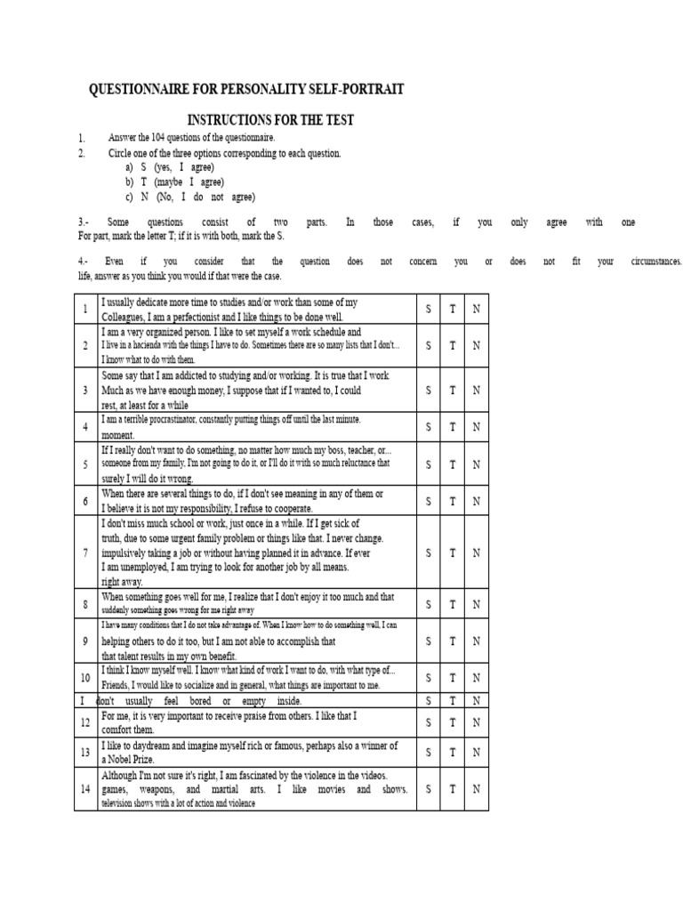 QUESTIONNAIRE FOR THE SELF-PORTRAIT OF PERSONALITY | PDF | Feeling ...