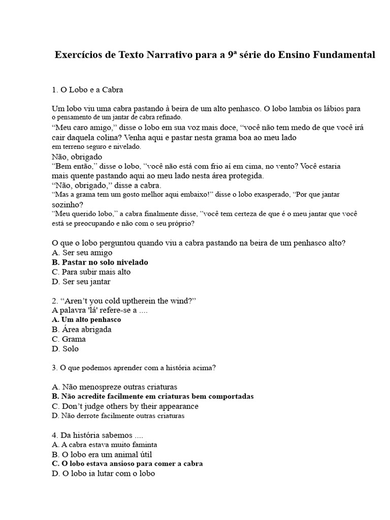 Exercícios de Texto Narrativo para 9ª Série | PDF | Formiga | Bode
