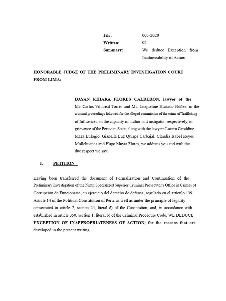 EXCEPTION OF IMPROPRIETY OF ACTION - CRIME OF TRAFFIC OF INFLUENCES (1 ...