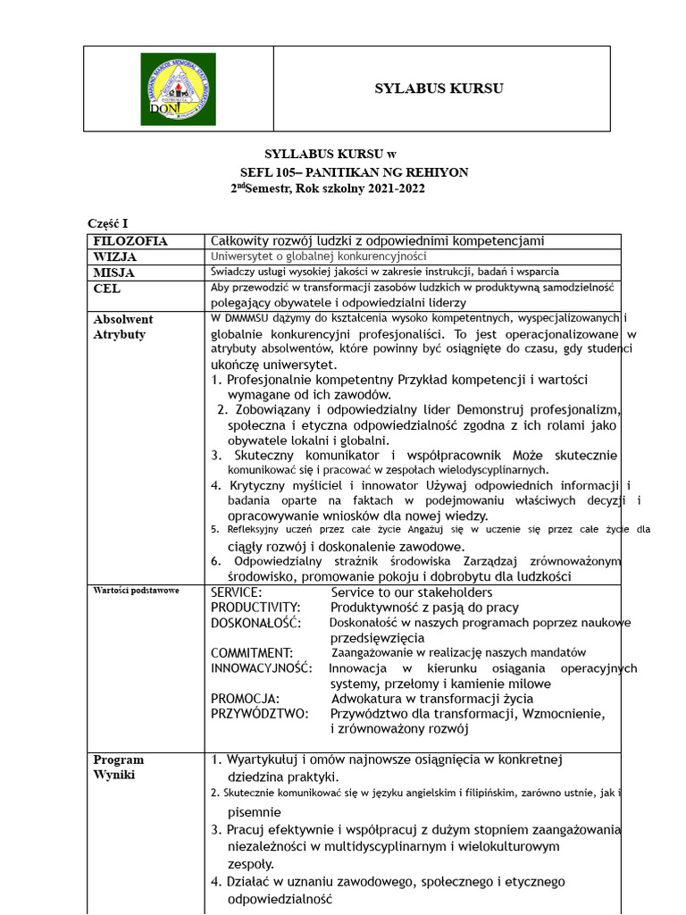 SYLABUS SEFL 105 | PDF