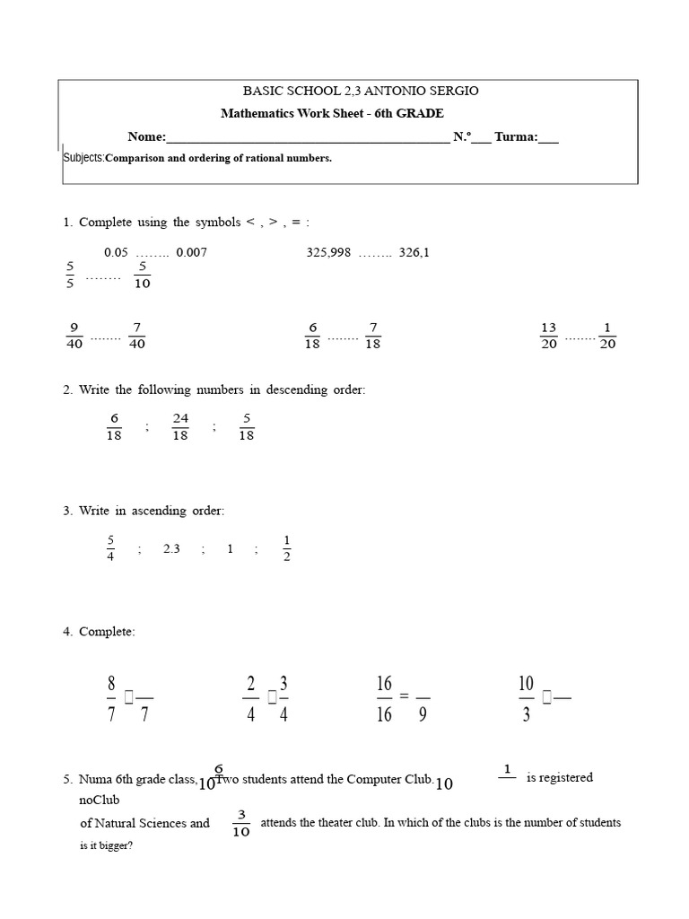 6th Grade Math: Rational Numbers Worksheet | PDF