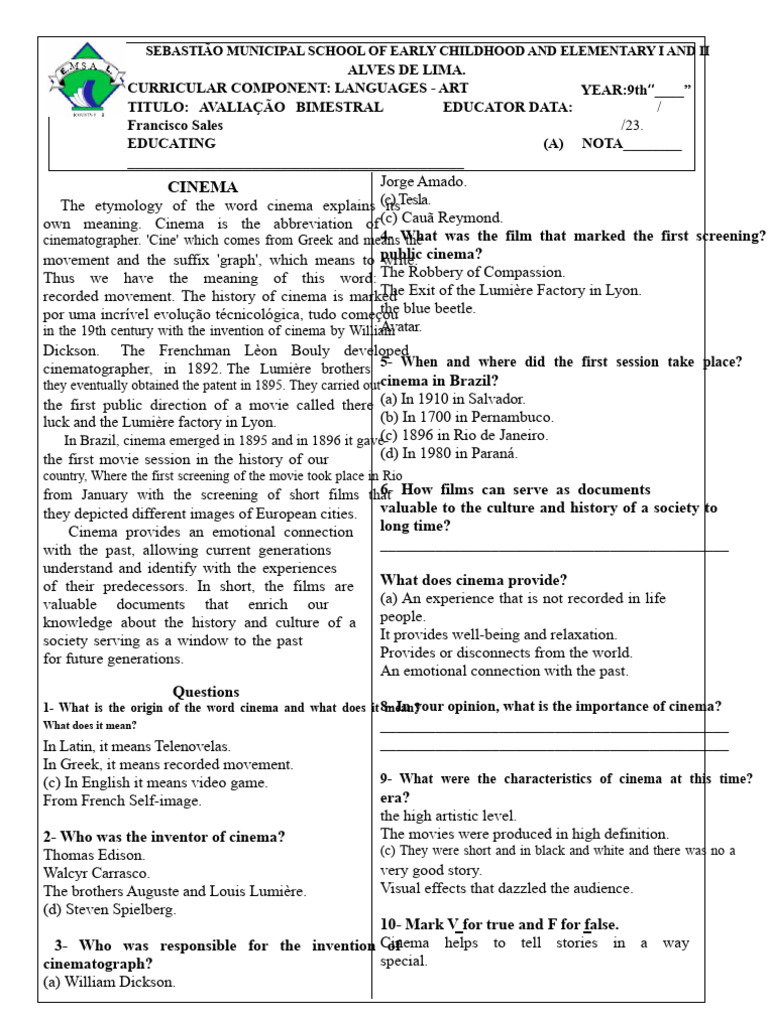 Bimonthly Arts Assessment 9th grade 11/23/23 | PDF | Movie Theater