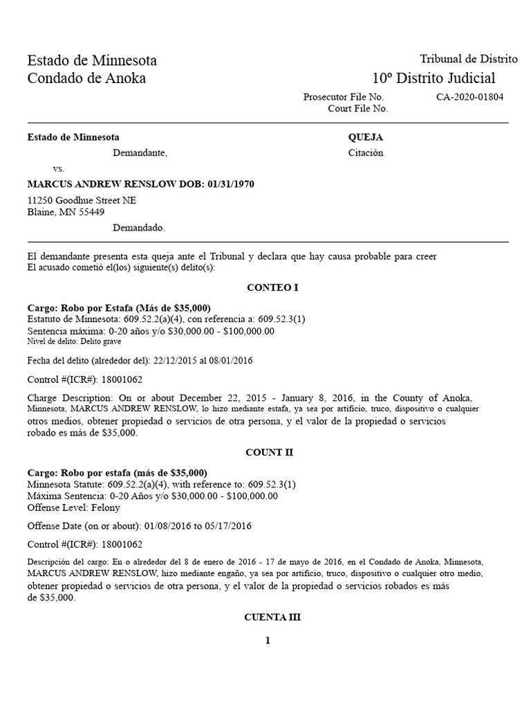 denuncia de fraude - marcus renslow | PDF | Orden de arresto | Ley Pública