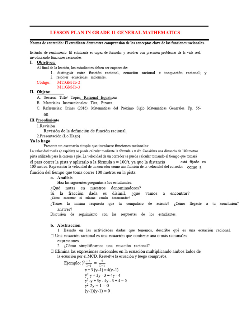 Lesson Plan in Grade 11 General Mathematics: I. Objetivos | PDF ...