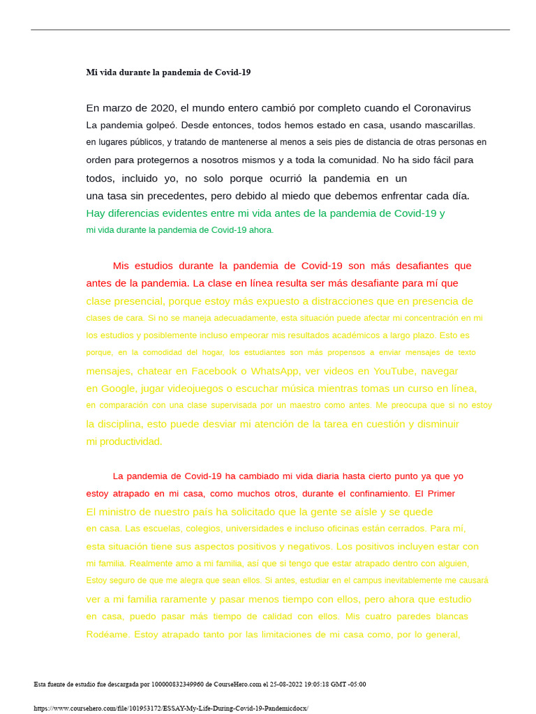ENSAYO Mi Vida Durante La Pandemia de Covid-19 | PDF