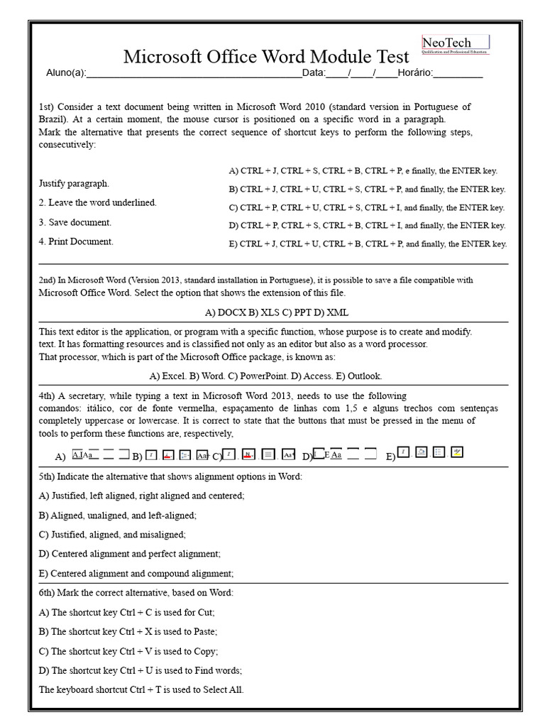 Microsoft Word Module Test Guide | PDF | Microsoft Word | Keyboard Shortcut