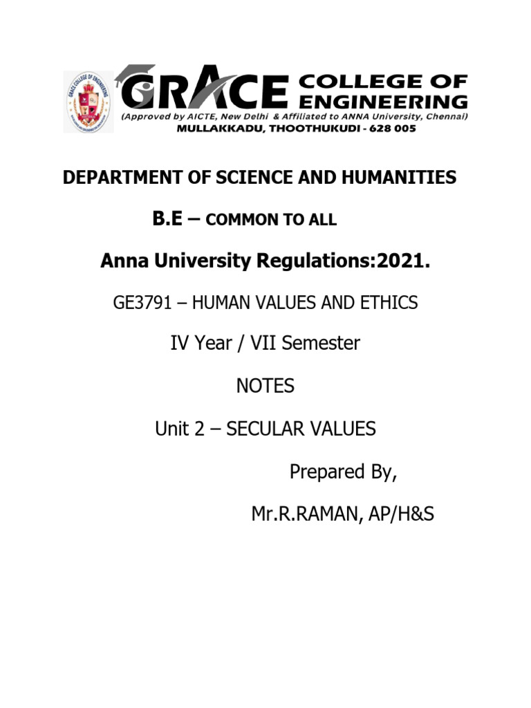 Secular Values in Human Ethics Course | PDF