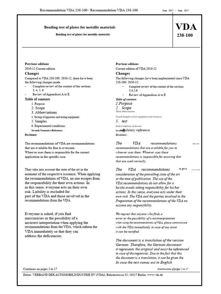 VDA 238-100 Bending Test Guidelines | PDF | Bending | Bearing (Mechanical)
