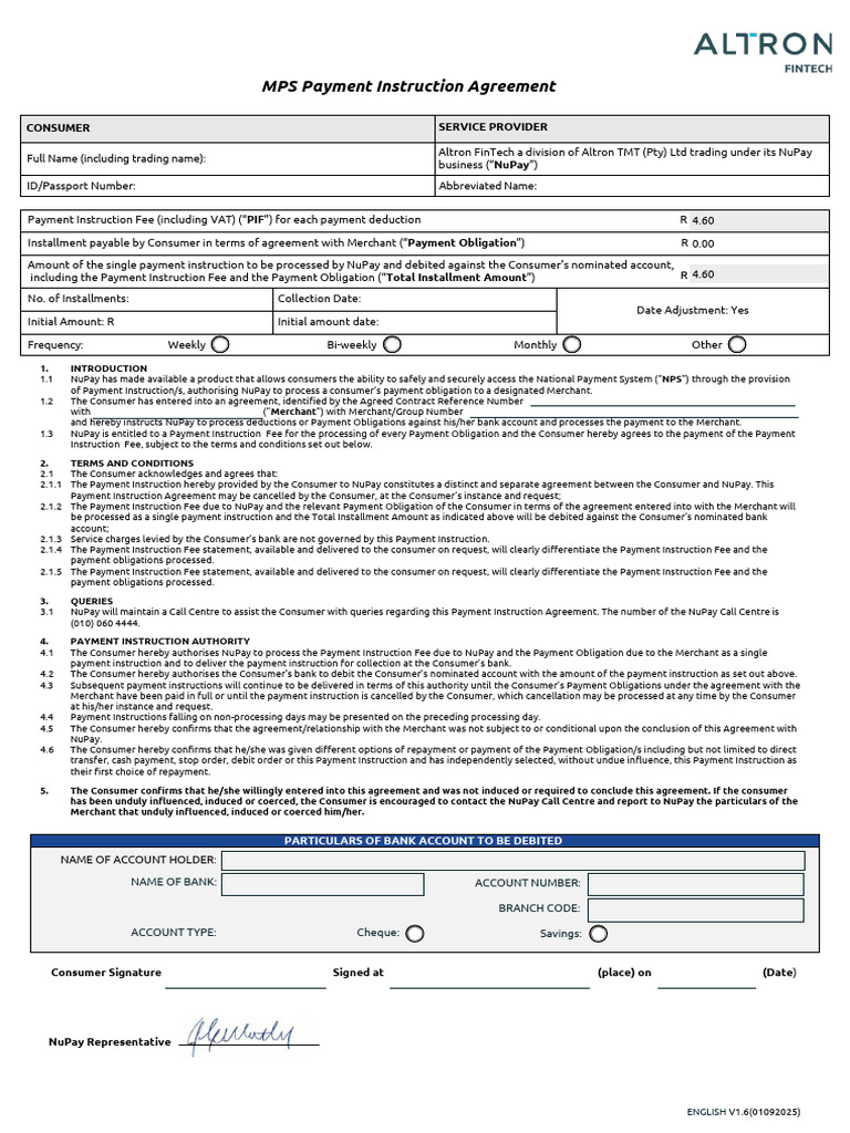 NuPay Payment Instruction Agreement | PDF | Payments | Banks
