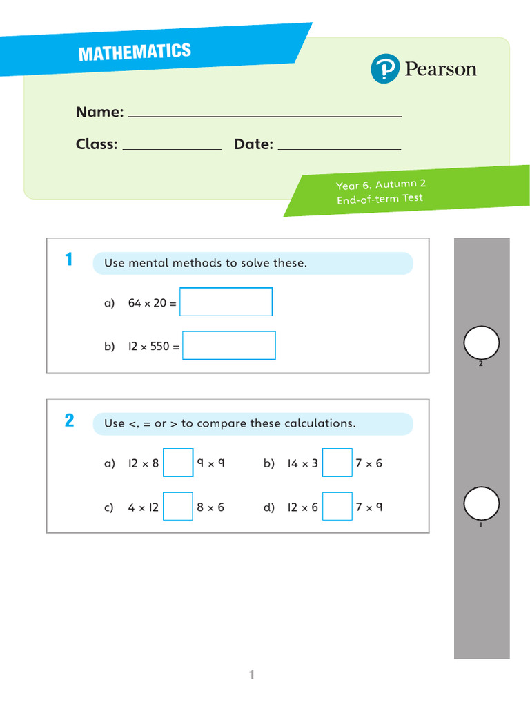 Year 6 Autumn 2 Math Test Guide | PDF | Area | Arithmetic