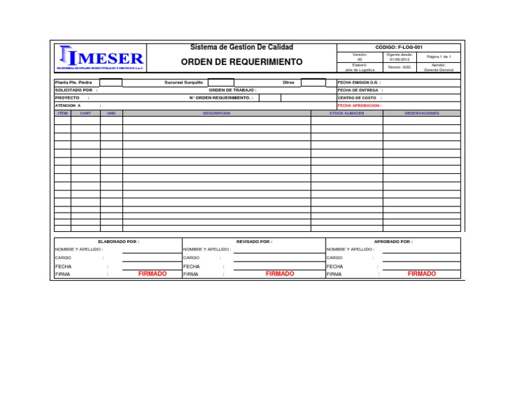 Formato Orden de Requerimiento