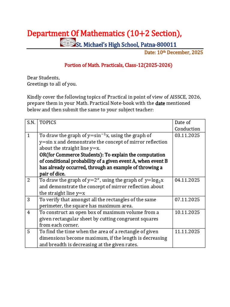 Class 12 Math Practicals Guide 2025-2026 | PDF | Mathematics | Area