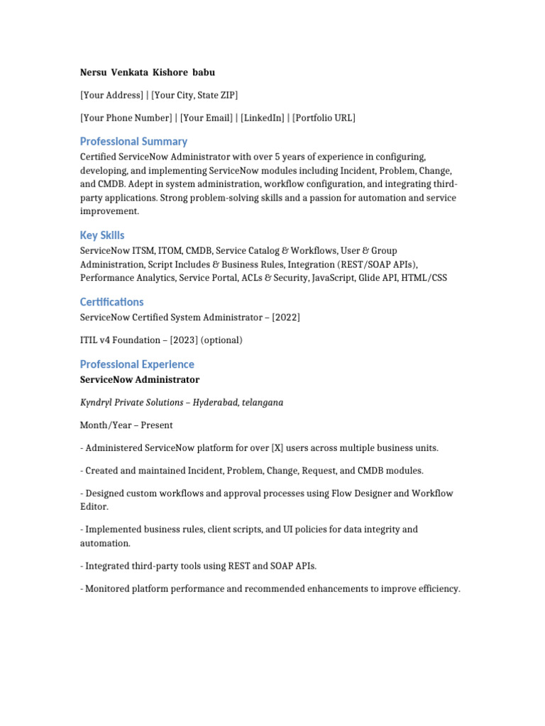 ServiceNow Administrator Resume Summary | PDF