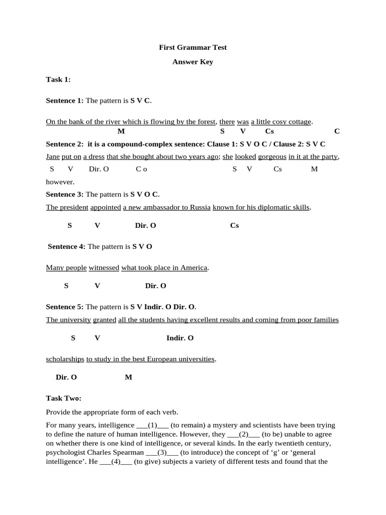 Grammar Test Answer Key and Analysis | PDF | Intelligence | Sentence ...