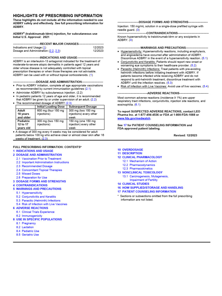 ADBRY Injection for Atopic Dermatitis | PDF | Dermatitis | Breastfeeding