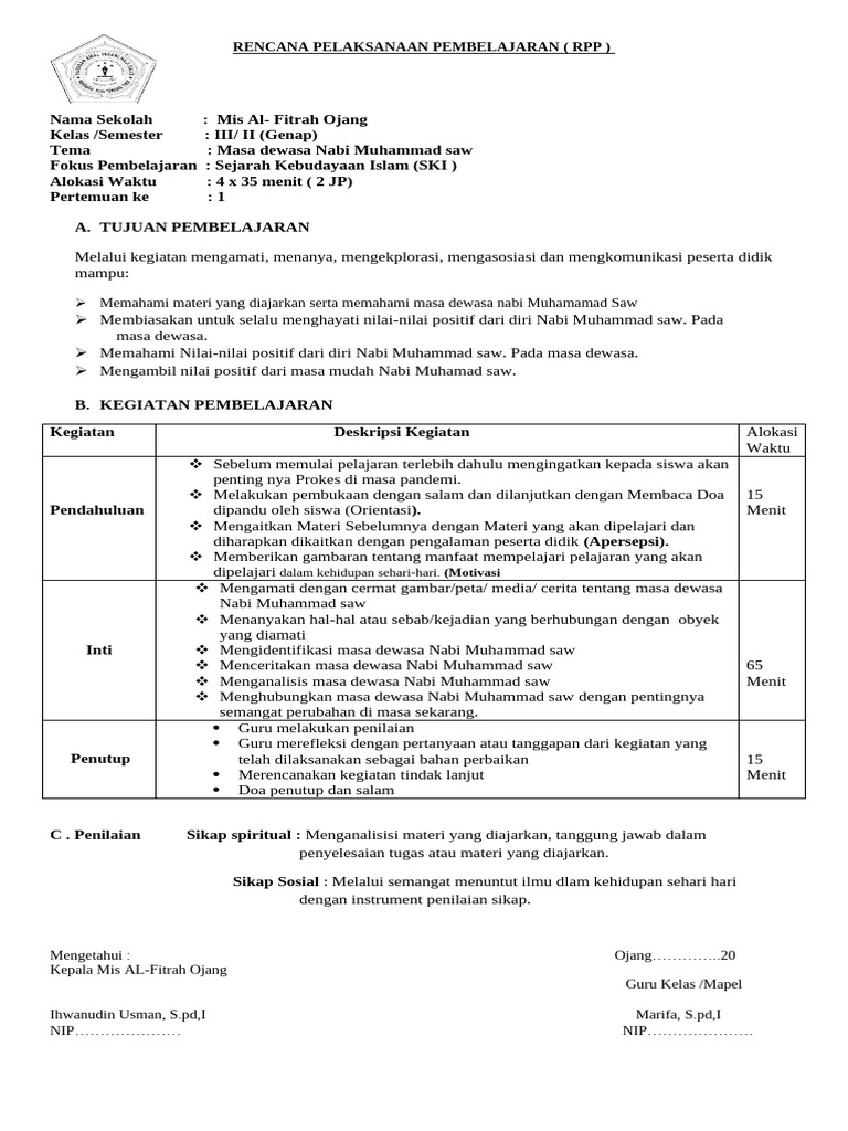 RPP Sejarah Nabi Muhammad untuk Kelas 3 | PDF